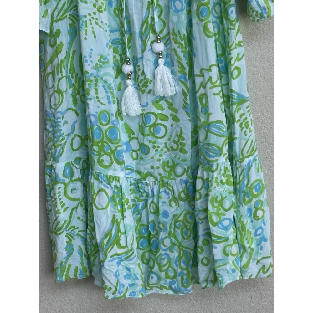 Lilly Pulitzer Green Blue Print Tassel Tie Mini Dress Medium Boho Resort - Picture 5 of 10